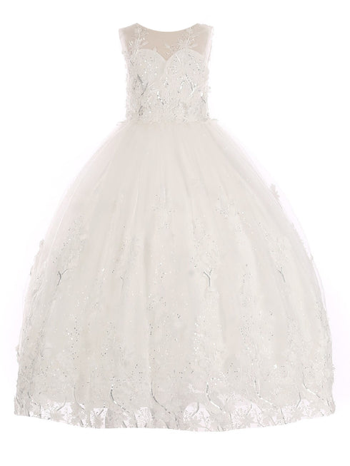 Little Girls Off White 3D Floral Applique Lace Sequin Flower Girl Dress 2-6 - SophiasStyle.com